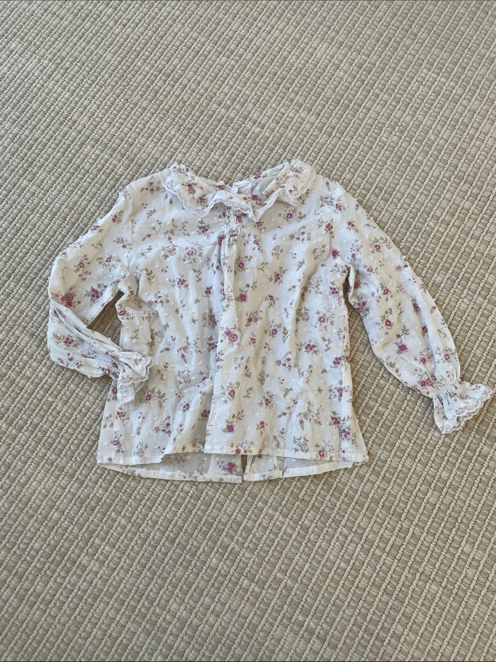 Girls White Floral Long-Sleeve Ruffle Collar Blouse